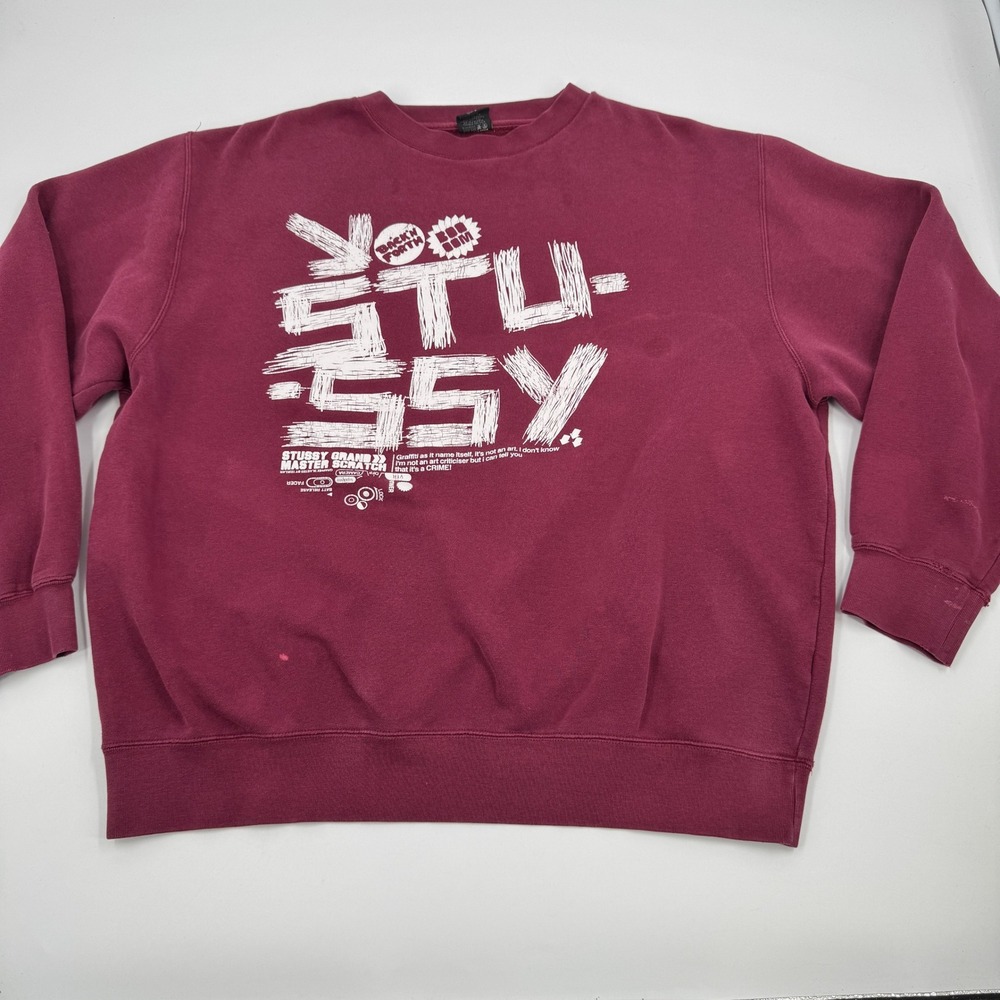 Stussy Grand Master Scratch Sweatshirt Mens Large Burgundy Vintage Y2K Rare‎